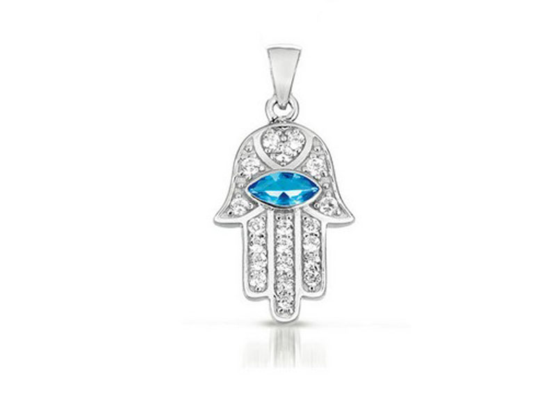 A STERLING SILVER CZ DIAMOND 'HAMSA' WITH A BLUE SAPPHIRE EVIL EYE ...