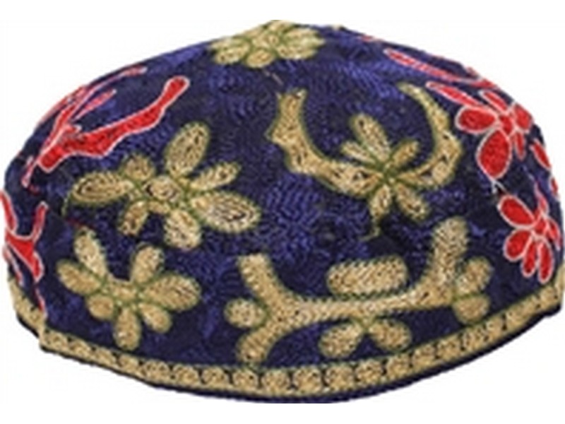 Bukharian Kippah in Blue with Colorful Details