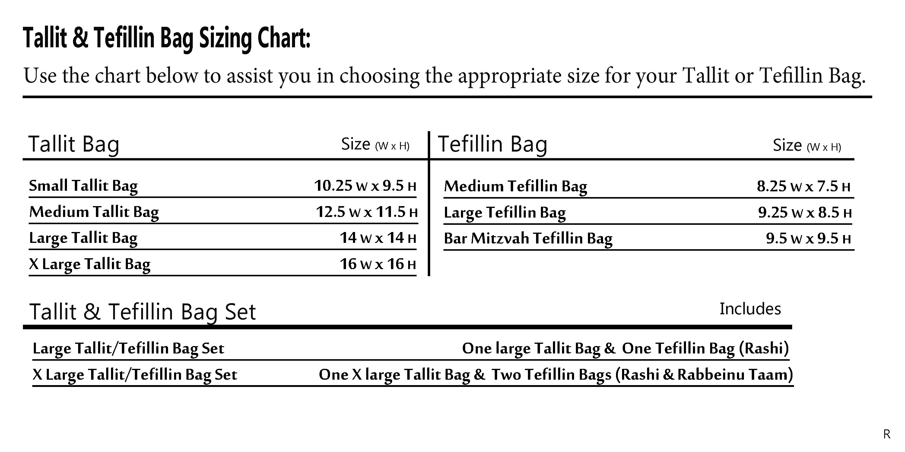 Tallit Size Chart